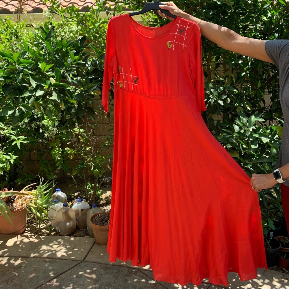 Indian red maxi dress with embroidered birds